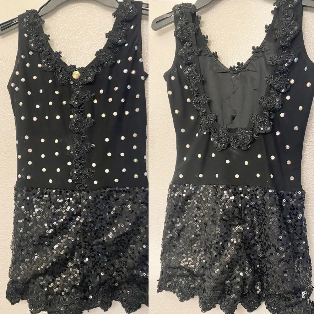 Glamour solo dance costume black mesh biketard bling jazz musical MA adult